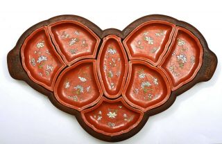 Chinese Enamel Famille Rose Coral Red Porcelain 8 Sweetmeat Dish Bowl Wood Tray