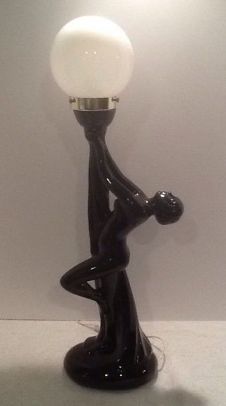 Vintage Art Deco Nouveau 27 " Nude Lady Ceramic Black Holding Globe Table Lamp
