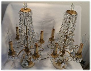 French Ornate Gilt Bronze Alabaster Crystal Girandole Candelabra Lamps 11