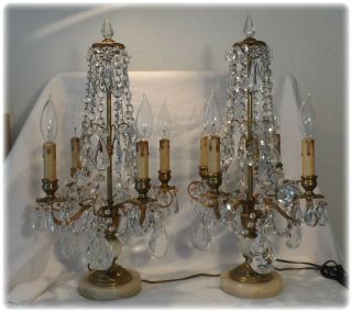 French Ornate Gilt Bronze Alabaster Crystal Girandole Candelabra Lamps