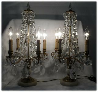 French Ornate Gilt Bronze Alabaster Crystal Girandole Candelabra Lamps 2