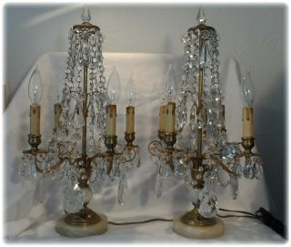 French Ornate Gilt Bronze Alabaster Crystal Girandole Candelabra Lamps 3