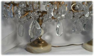 French Ornate Gilt Bronze Alabaster Crystal Girandole Candelabra Lamps 9