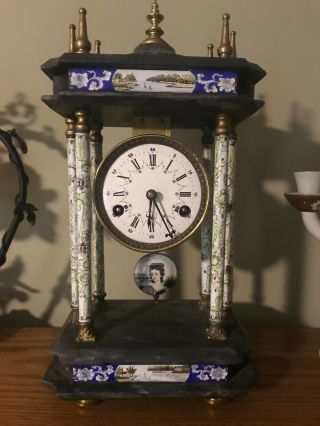 Antique European Lady Cloisonne Enamel Column Footed Mantle Clock