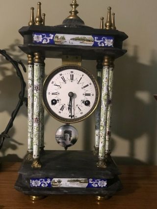 Antique European Lady Cloisonne Enamel Column Footed Mantle Clock 2