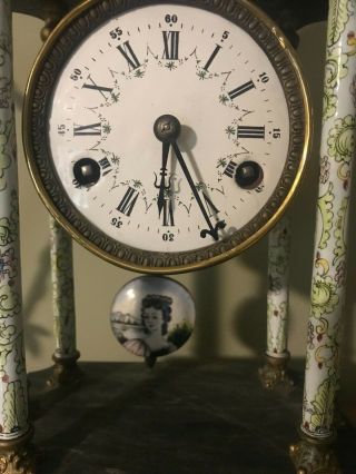 Antique European Lady Cloisonne Enamel Column Footed Mantle Clock 6