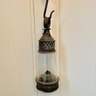 Antique 1800’s American Punched Tin Glass Whale Oil Double Wick Hanging Lantern