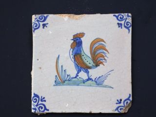 Colored Delft Blue Tile Peacock 17th Century