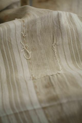 Antique French LINEN TICKING pannel LONG sand tones WASHED c1870 8