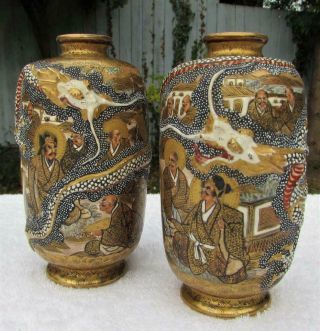 Finest Mirror Pair Antique Japanese 19thc Meiji Satsuma Dragon Vases - Hododa
