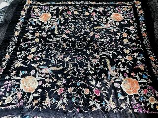 Antique Chinese Canton Profusely Embroidered Heavy Silk Shawl,  Flowers /birds