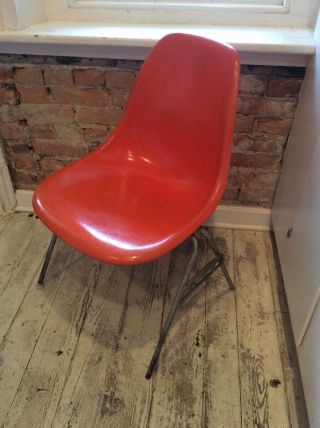 Vtg Eames Shell Chair For Herman Miller Rare Art Deco Sturdy Base Folk Orange