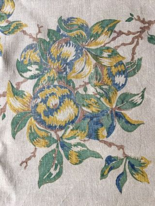 Rare Vintage French Hand Blocked Curtain Linen Fabric.  Floral,  Almost 5 Metres
