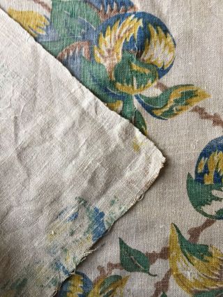 RARE vintage French Hand Blocked Curtain linen fabric.  Floral,  almost 5 metres 4