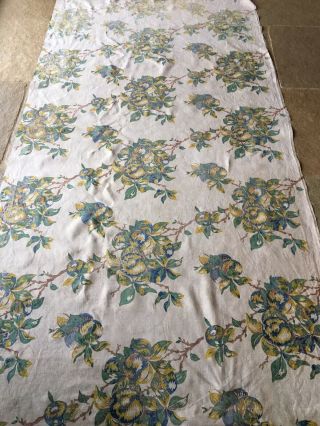 RARE vintage French Hand Blocked Curtain linen fabric.  Floral,  almost 5 metres 5