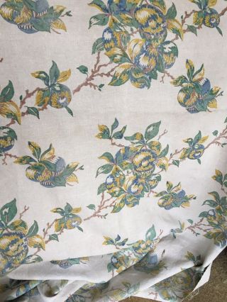RARE vintage French Hand Blocked Curtain linen fabric.  Floral,  almost 5 metres 7