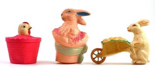 Vtg Celluloid Easter Rabbit In Hat & Rabbit W/ Wheelbarrow & Chicken Basket Toys