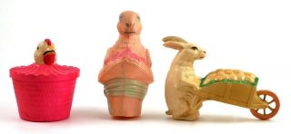 Vtg Celluloid Easter Rabbit in Hat & Rabbit w/ Wheelbarrow & Chicken Basket Toys 2