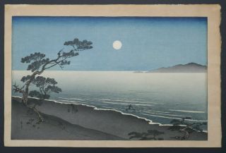 Japanese Woodblock Print,  Signed Yoshimune Arai (1863 - 1944),  Suma Beach At Night