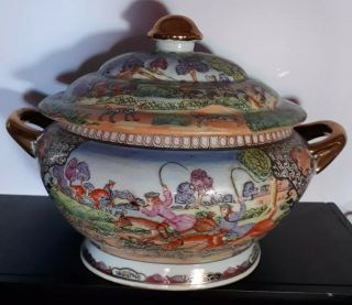 Antique Chinese Hand Painted Rose Medallion Porcelain Soup Tureen