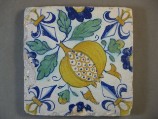 Polychrome Antique Dutch Tile Pomegranate Rare 17th Century -