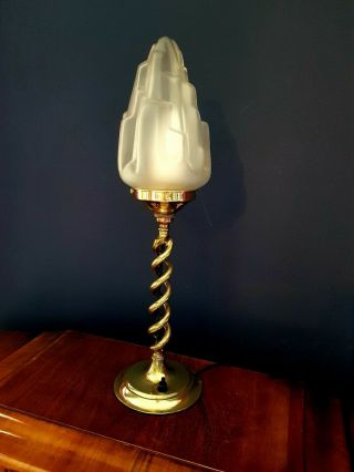 1930s ART DECO TABLE DESK LAMP BRASS STEM V.  RARE GLASS SHADE. 5