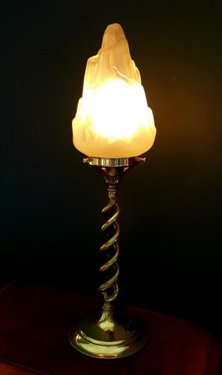 1930s ART DECO TABLE DESK LAMP BRASS STEM V.  RARE GLASS SHADE. 6