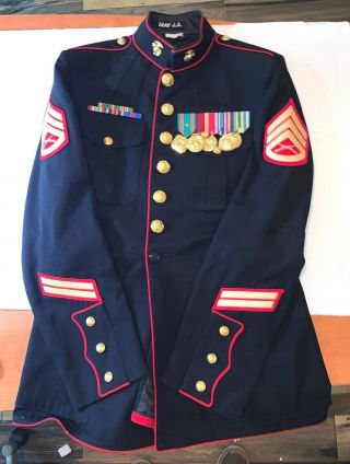 Usmc Us Marine Corps Dress Blues Jacket Coat Size: 43 L Staff Sergeant 7 Ribbons