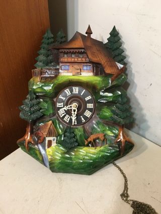 Vintage Regula Black Forest Carved Chateau Cuckoo Clock Bright Colorful 1