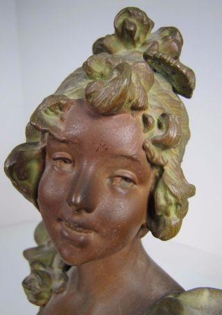 Antique Art Nouveau Womans Bust Decorative Art Statue Cast Spelter Marble Base 11