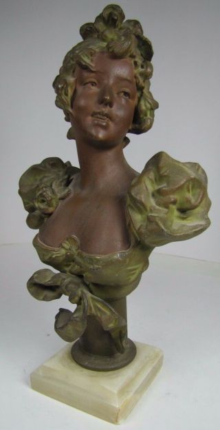 Antique Art Nouveau Womans Bust Decorative Art Statue Cast Spelter Marble Base