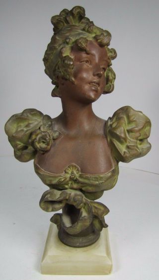 Antique Art Nouveau Womans Bust Decorative Art Statue Cast Spelter Marble Base 2