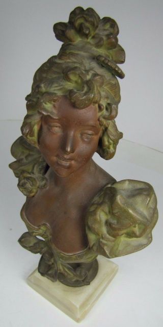 Antique Art Nouveau Womans Bust Decorative Art Statue Cast Spelter Marble Base 3