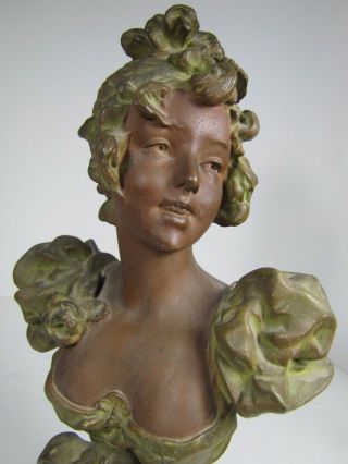 Antique Art Nouveau Womans Bust Decorative Art Statue Cast Spelter Marble Base 4