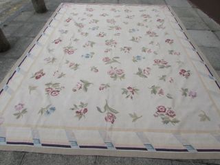 Old Hand Made French Design Wool 12x9 Grey White Aubusson 364x267cm