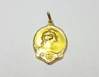 " Reserved For Jen " 18k Gold Antique Medal With A Woman And A Rose Embossed