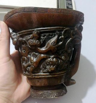 9 cm collect China Old Rhinoceros horn Handmade Beast Animal Cup ZAO 3