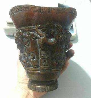 9 cm collect China Old Rhinoceros horn Handmade Beast Animal Cup ZAO 4