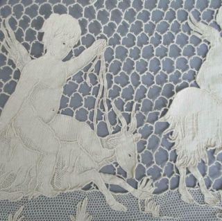 Antique Italian Linen Handmade Point De Venise Lace Pillow Figural Cherubs Goats