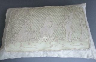 Antique ITALIAN Linen Handmade Point de Venise LACE Pillow FIGURAL Cherubs Goats 2