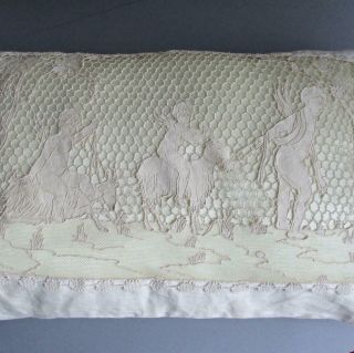 Antique ITALIAN Linen Handmade Point de Venise LACE Pillow FIGURAL Cherubs Goats 3