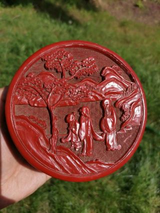 Estate Old Chinese18th Red Lacquer Cinnerbar Wood Carved Jewelry Box Asian China