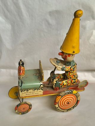 Vintage Unique Art Mfg.  Co.  Artie The Clown Car Tin Wind Up Toy U.  S.  A