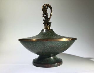 Art Deco Carl Sorensen Verdigris Bronze Gilded,  Lidded Bowl,  Signed