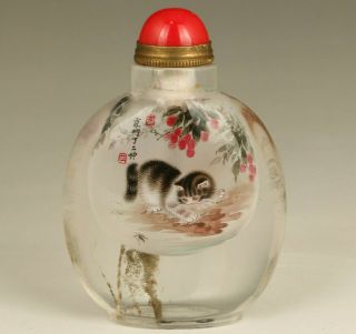 China Natural Crystal Hand Inside Painting Lovely Cat Snuff Bottle Gift Decorate