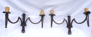 French Art Deco Wrought Iron Wall 2 Light Sconce Pair 1940