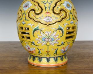 Rare Chinese Enamel Flower Carved Yellow Ground Openwork Rotating Porcelain Vase 11
