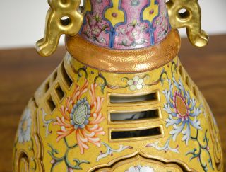 Rare Chinese Enamel Flower Carved Yellow Ground Openwork Rotating Porcelain Vase 6