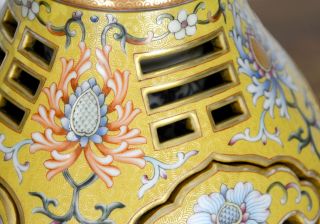 Rare Chinese Enamel Flower Carved Yellow Ground Openwork Rotating Porcelain Vase 8
