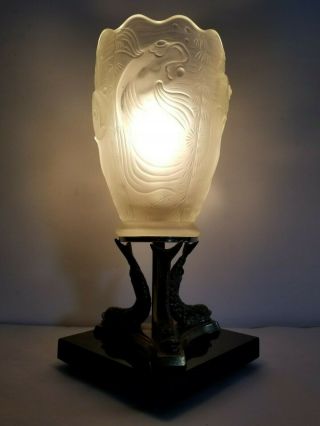 Vintage Rare Art Deco Desk Table Lamp With Fish Glass Shade 1930 ' s 10